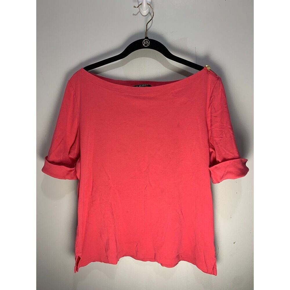 Lauren Ralph Lauren Womens Coral T-Shirt With Rolled Sleeves Boat Neckline SZ-XL